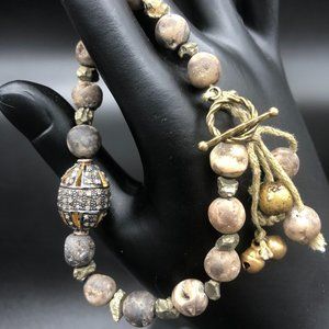 Bracelet - Diamond, Yellow Gold over Sterling Silver, Tan Leather, Tan Druzy